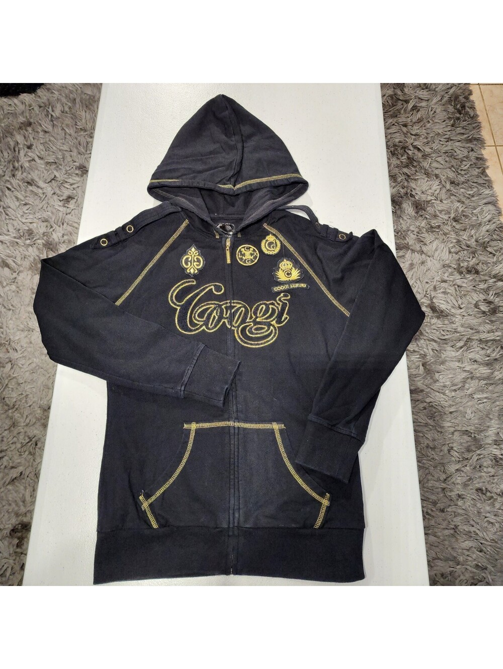Coogi Luxury women's Black Gold Full Zip Hoodie M Embroidered Graphic Print